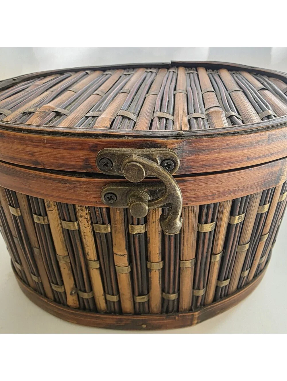 Bamboo/Rattan Oval Storage Box Clasp Closure VTG